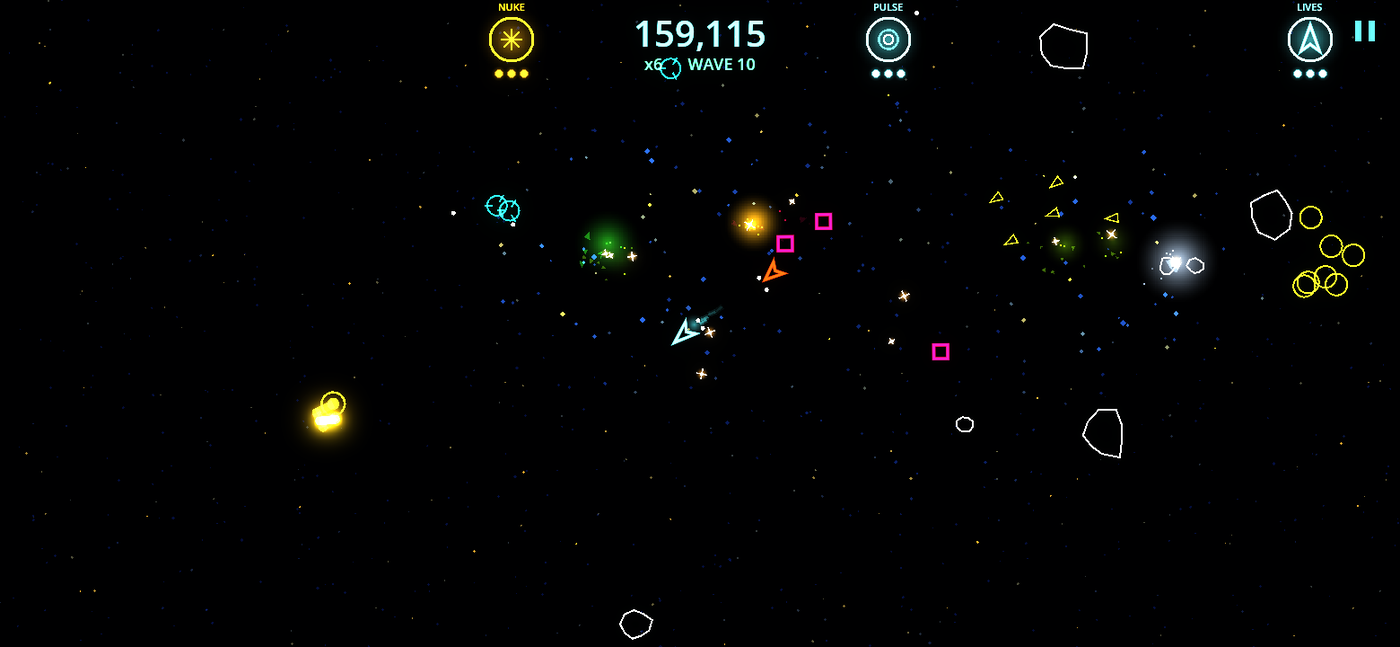 VectorStorm gameplay — the ship carving through a wave of neon enemies
