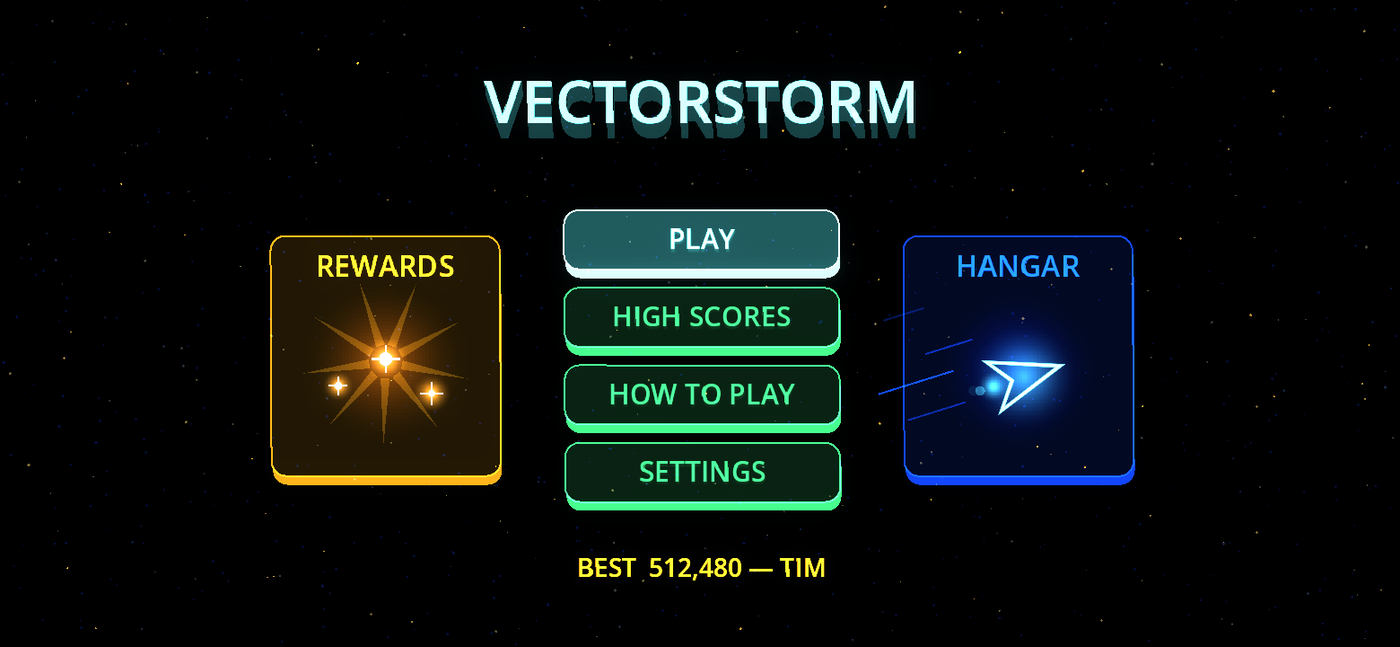 VectorStorm main menu with 3D tilting buttons