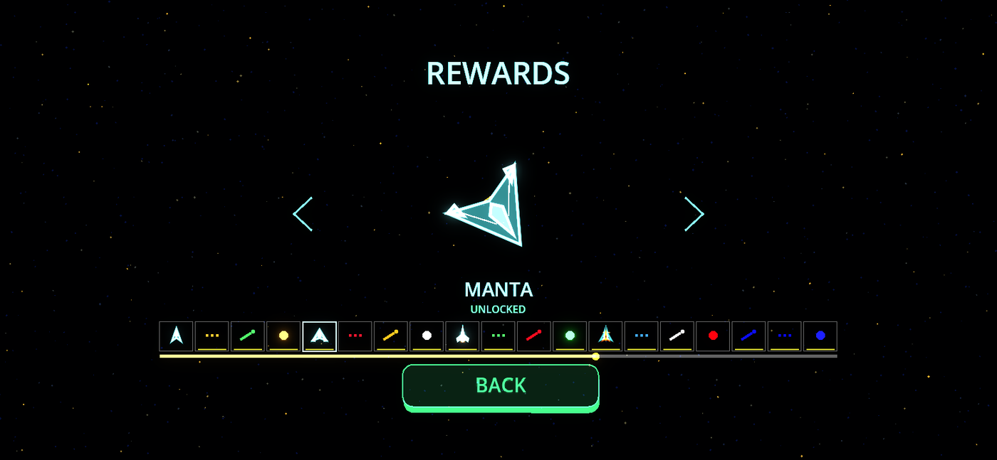 The VectorStorm rewards track of earnable ships, trails and lasers